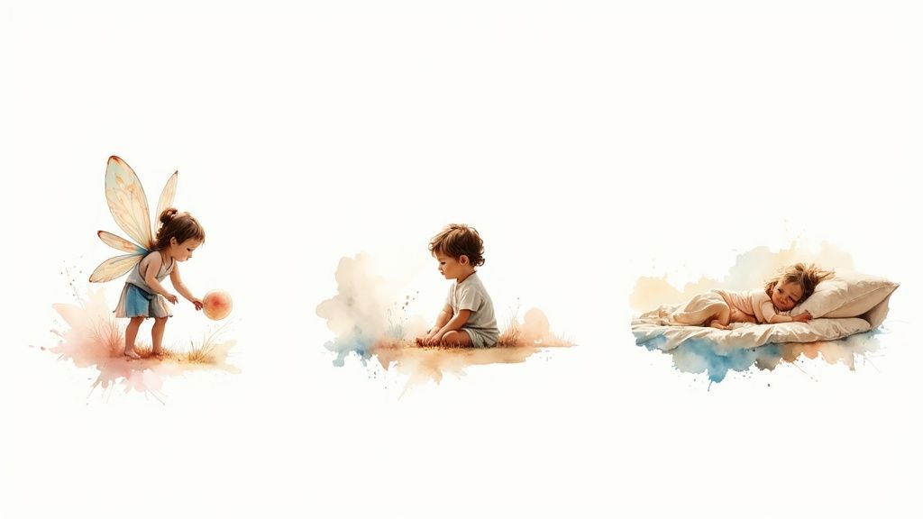 Three beautiful watercolor illustrations depict children: a fairy, a boy sitting, and a girl sleeping.