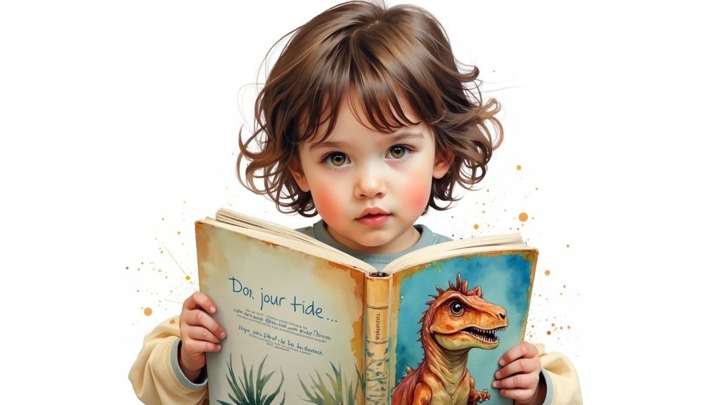 A child proudly holding a personalized hardback dinosaur storybook.