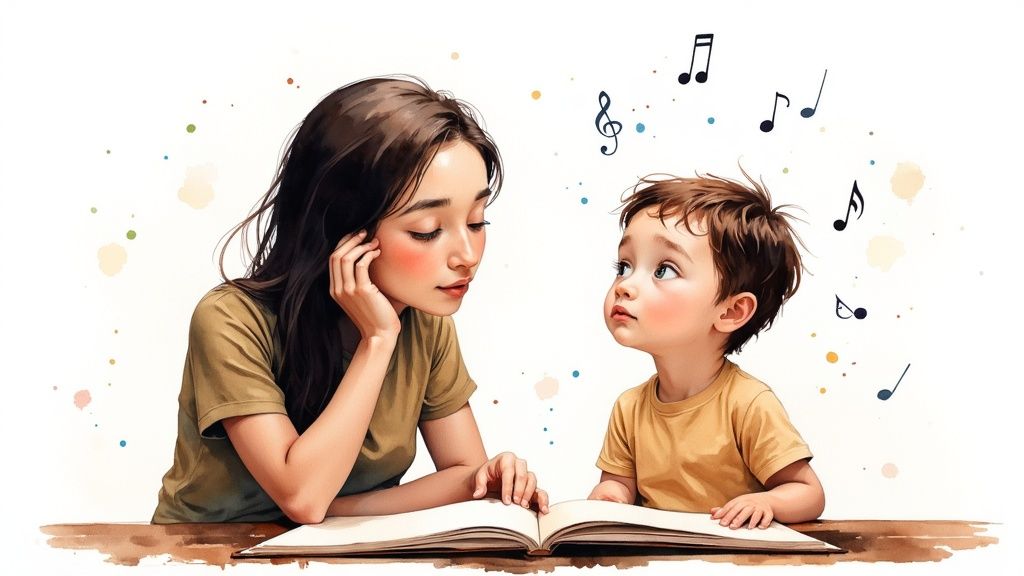 A parent using an expressive voice while reading a story to an engaged child.