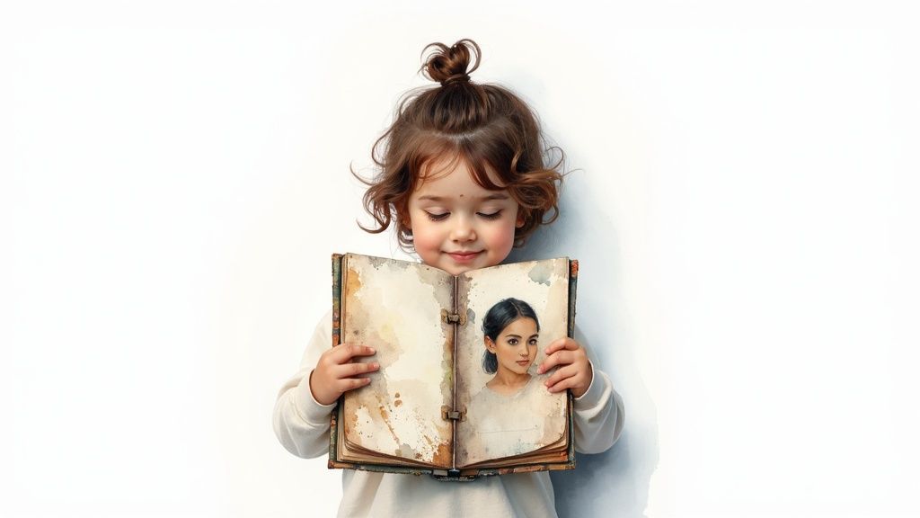 A happy child with a bun reads an open book with a woman's portrait.