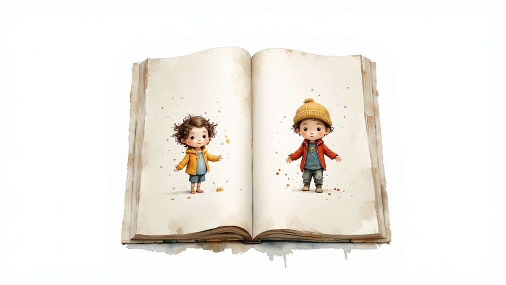 Open vintage storybook displaying watercolor illustrations of two cheerful children in autumn clothing