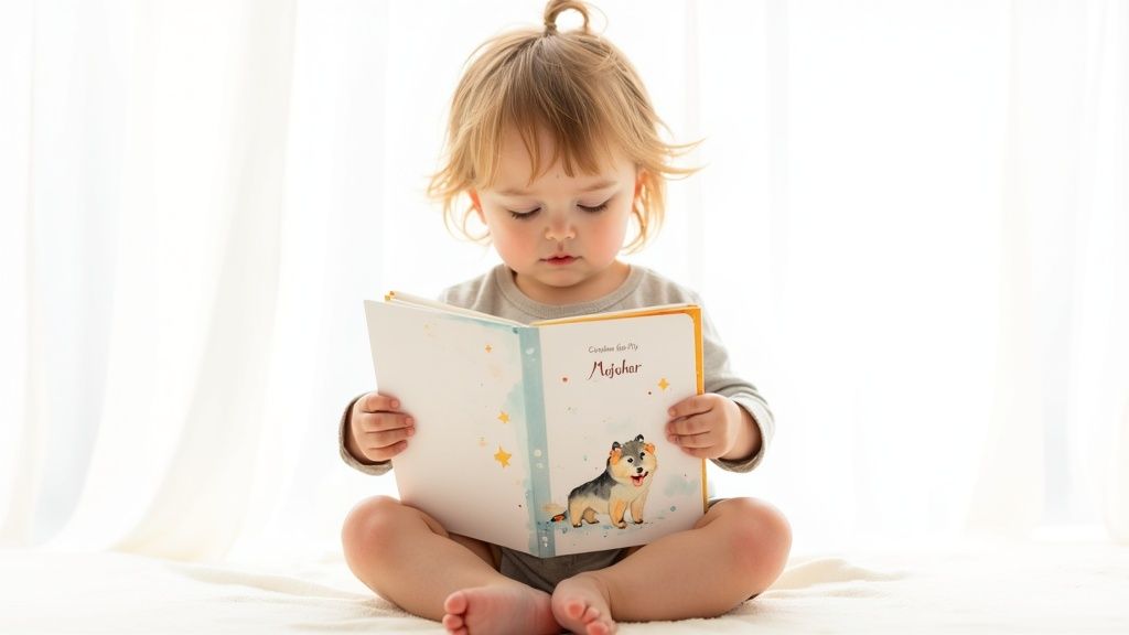 A happy baby looking at a personalized storybook