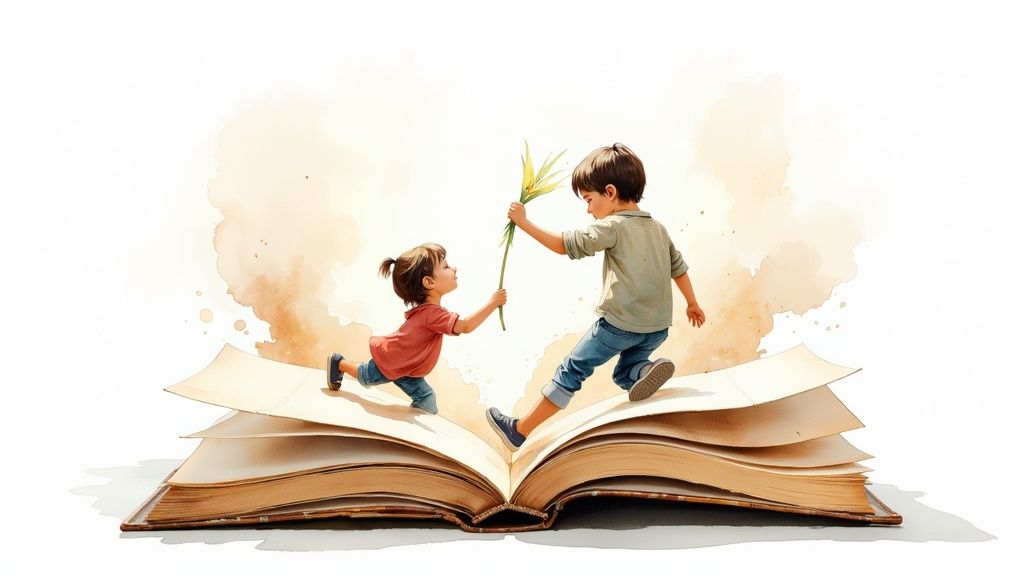 Two children on an open book, a boy giving a green plant to a girl, with watercolor background.