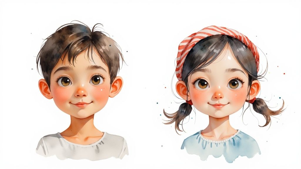 A split image showing a real photo of a child next to their illustrated storybook character version.