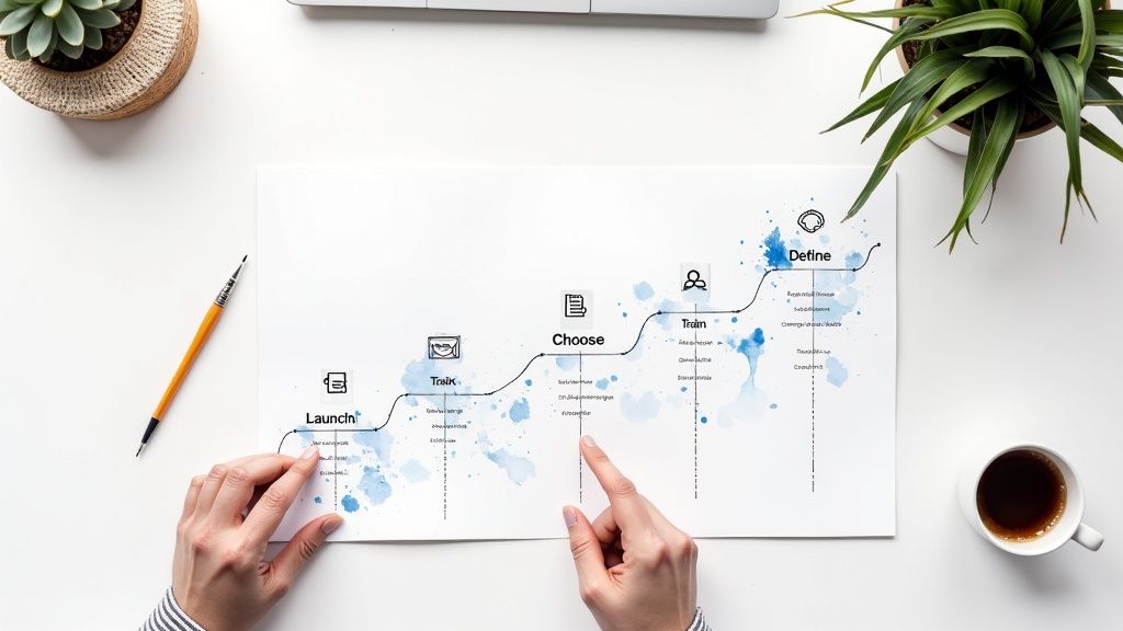 An illustration of a roadmap with chatbot icons at various stages, leading to a goal flag.