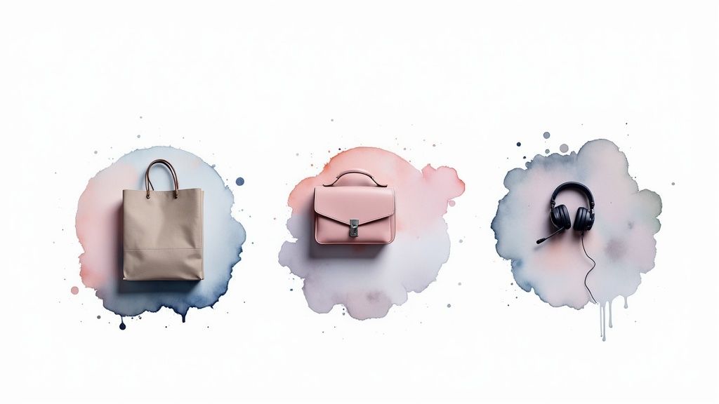 Three lifestyle product photos featuring beige tote bag, pink satchel, and black headphones on watercolor backgrounds
