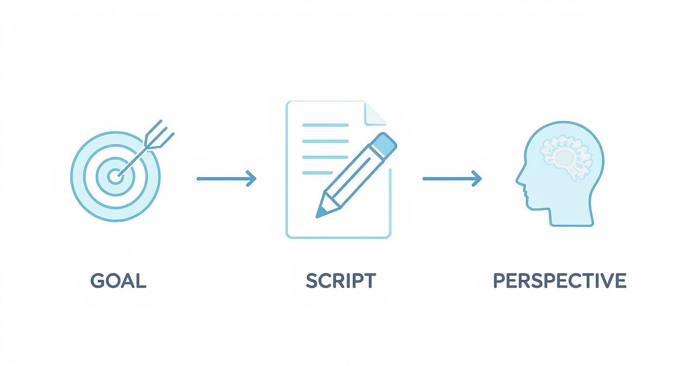 Infographic detailing the social story planning process with icons for Goal, Script, and Perspective.