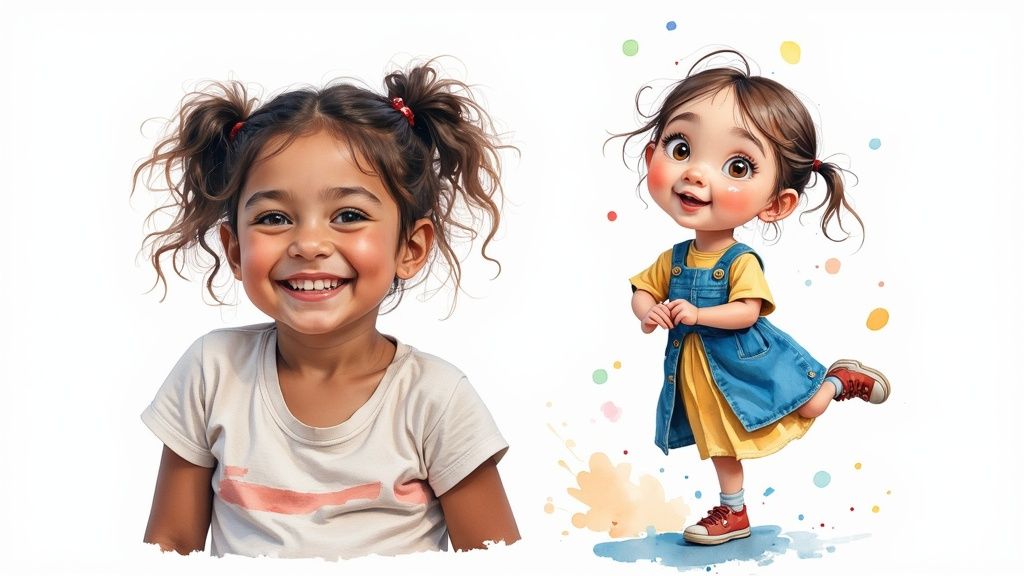 A collage of different AI-generated art styles for a children's book, showing whimsical, cartoon, and watercolor options.