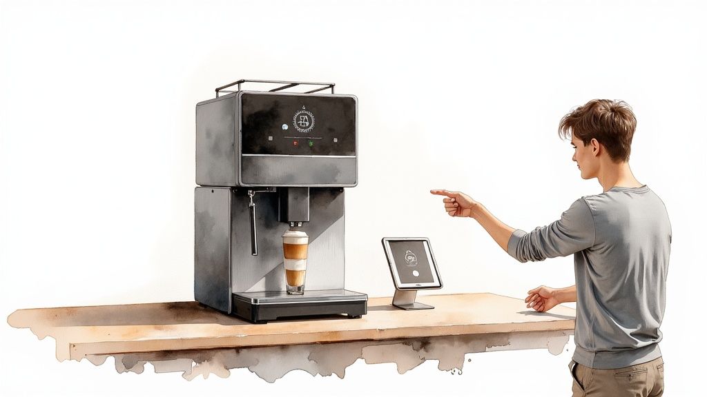 Man points at a modern coffee machine dispensing a layered drink and a tablet on a counter.