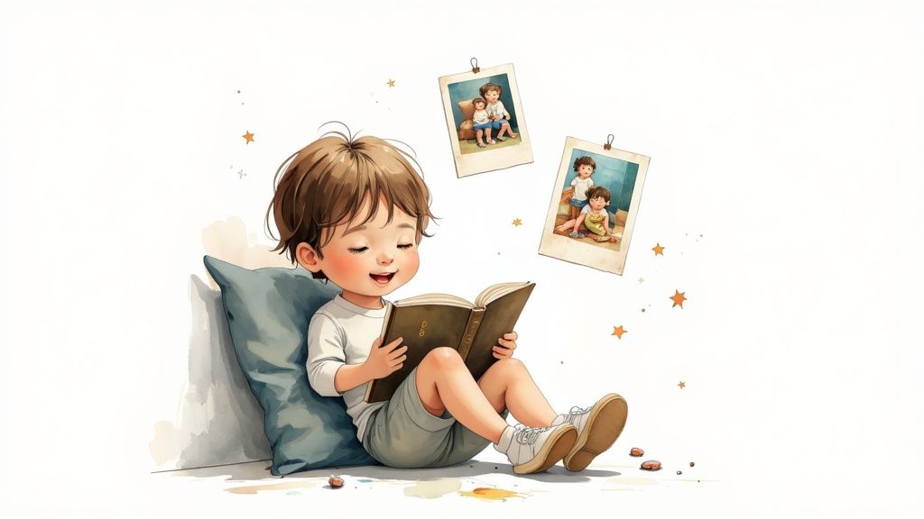 A child points at their own picture inside a custom storybook, looking happy.