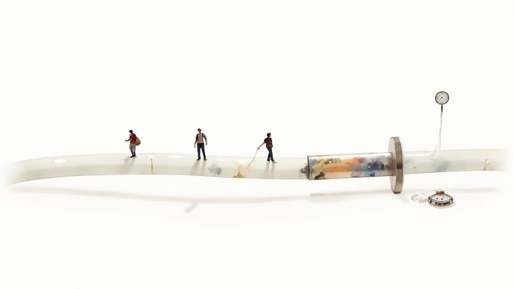 Miniature figures on a pipe, one sweeping, with gauges and timepieces nearby representing a process.