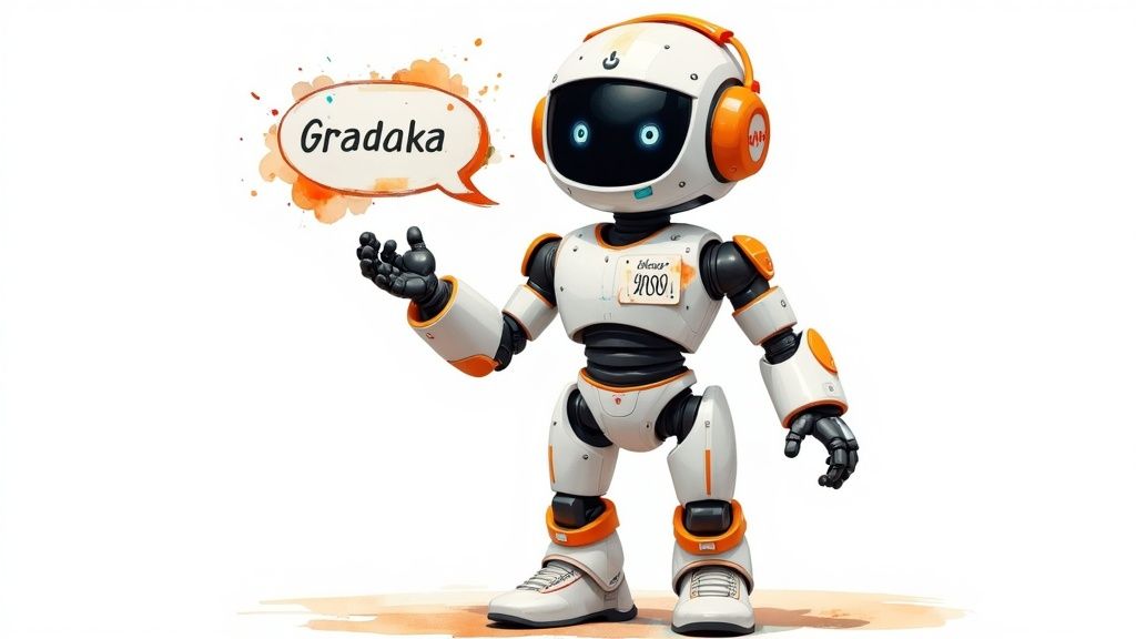 Stylized image of a chatbot avatar with color swatches and text bubbles, representing personality customization.