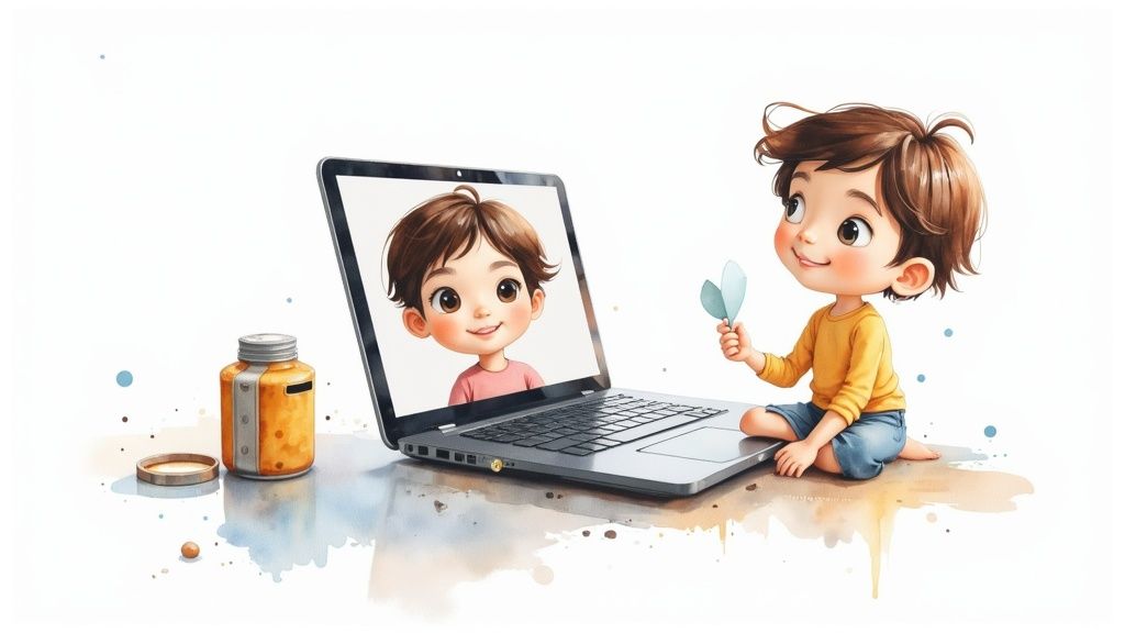 Smiling cartoon boy sits beside a laptop showing another boy's face, holding blue leaves.