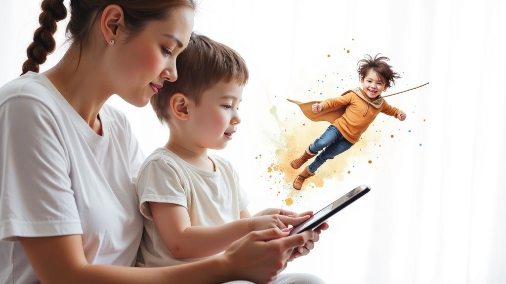 A vibrant, AI-generated storybook page showing a personalized character on an adventure.