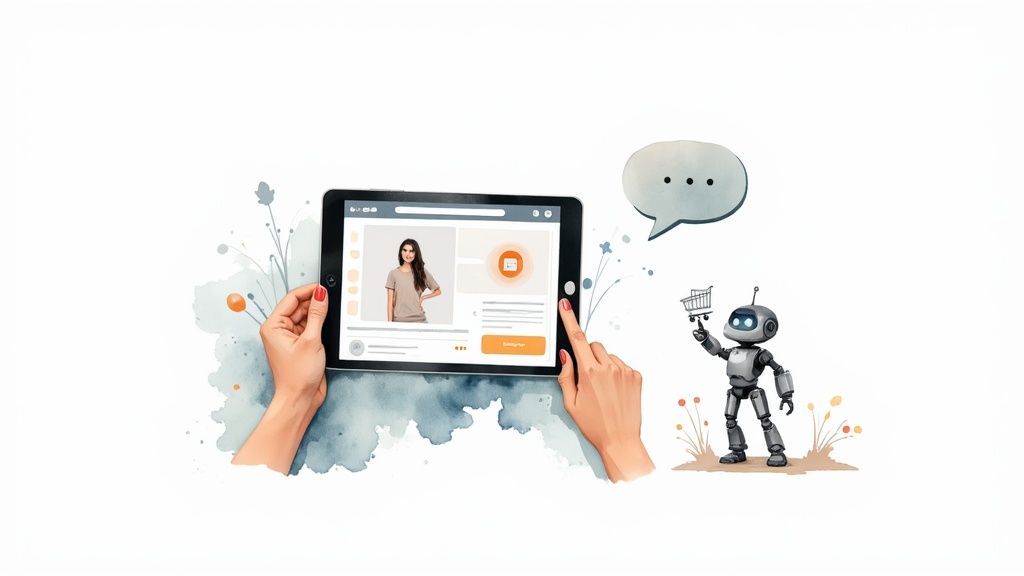 A visual showing a chatbot integrated with WordPress and WooCommerce, with icons representing products, forms, and branding.