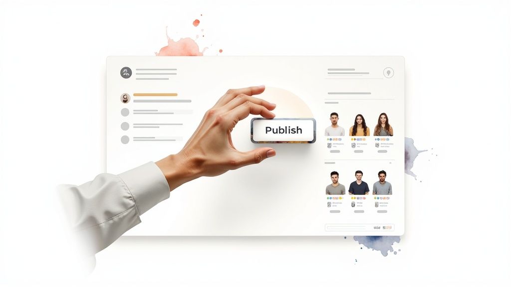 A hand holds a 'Publish' button over a digital interface showing user profiles and content management.