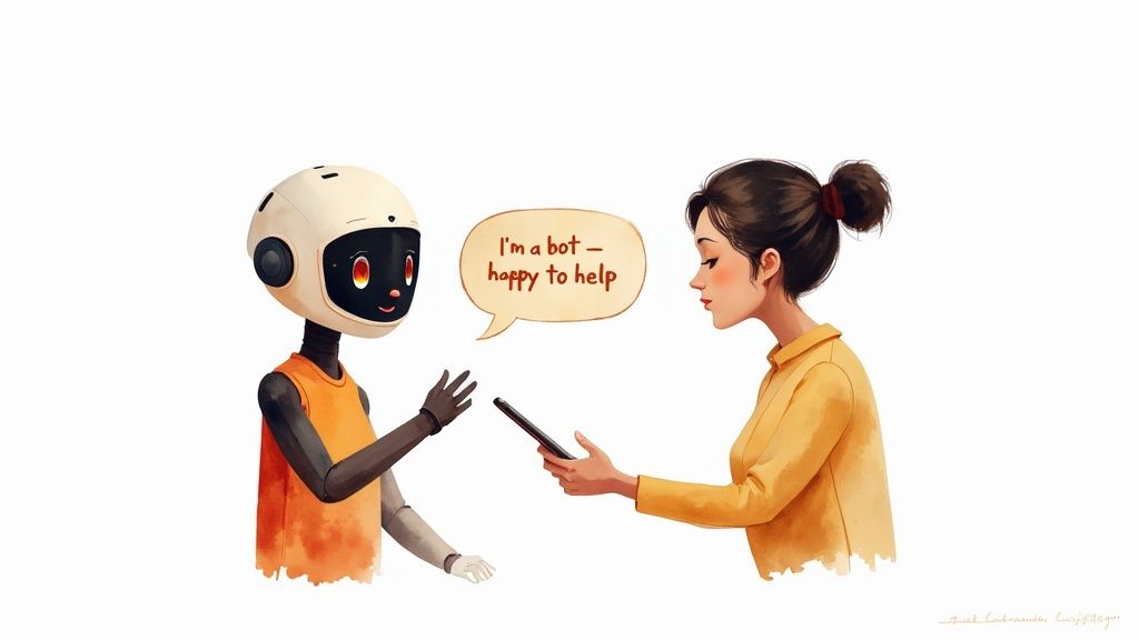 A person smiles while interacting with a chatbot on their smartphone.