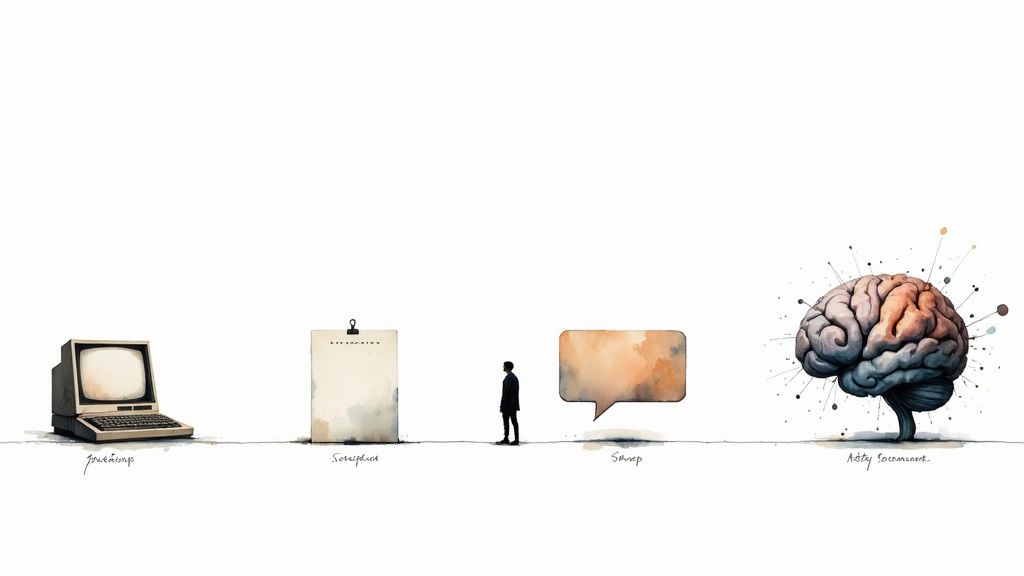 Evolution of technology from computer terminal to artificial intelligence brain illustration