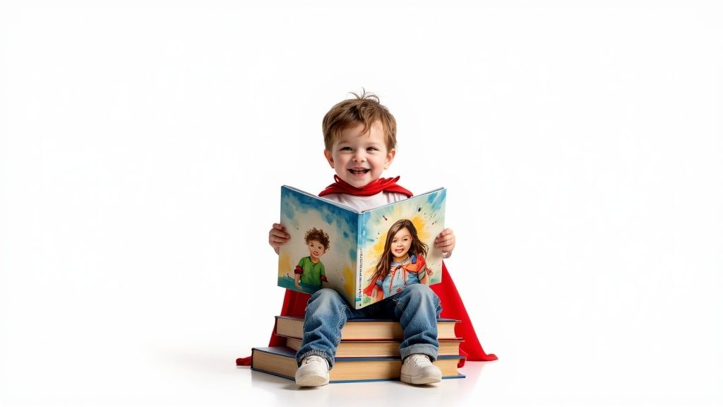 A child joyfully reading a personalized book with their own character in it.