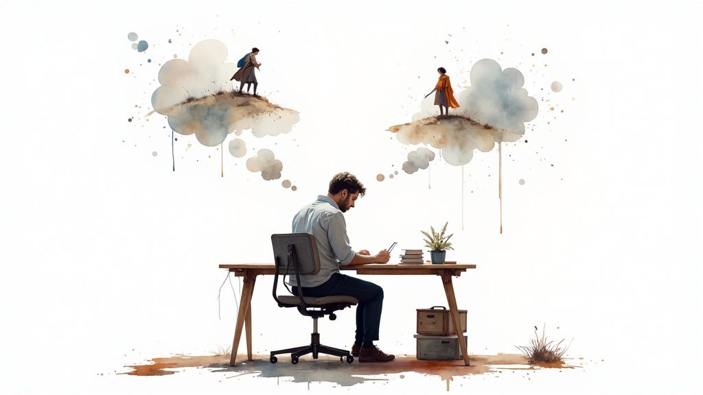 A digital illustration of a storybook with whimsical characters, showing visualization.