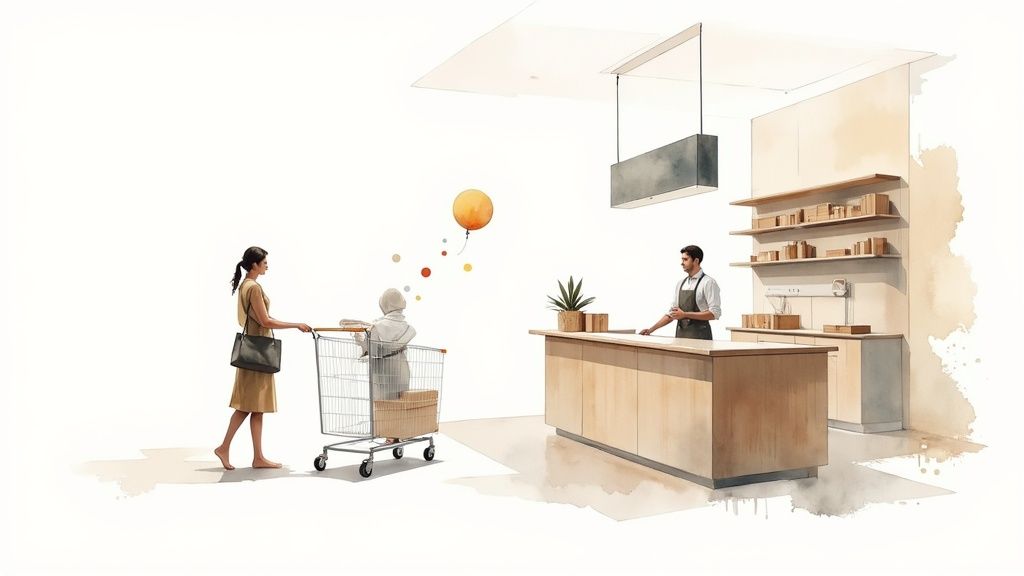Mother shopping with child in cart while employee assists at modern minimalist store counter