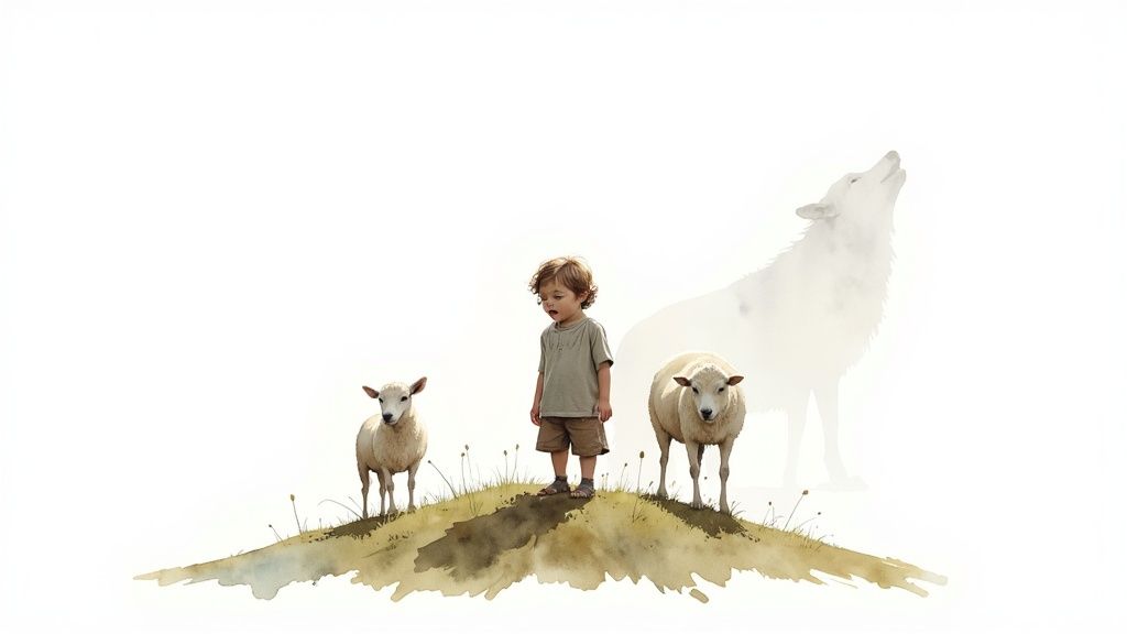 A young boy stands between two sheep on a small hill with a faint, howling wolf silhouette.