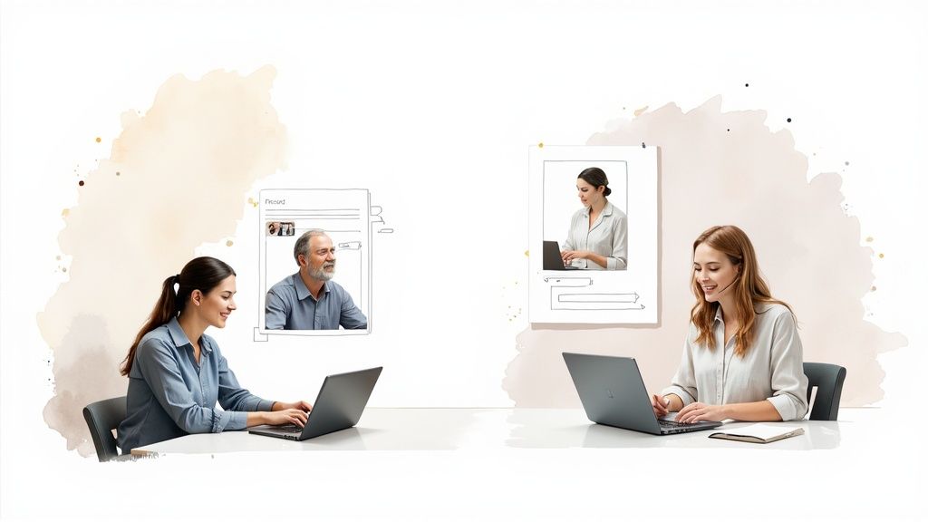 Professional women offering virtual customer service and support using laptops and headsets.