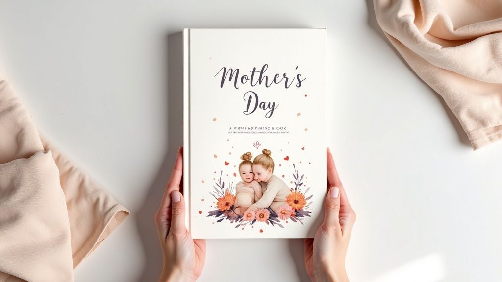 Hands hold a beautiful personalized Mother's Day book featuring two children and lovely flowers.