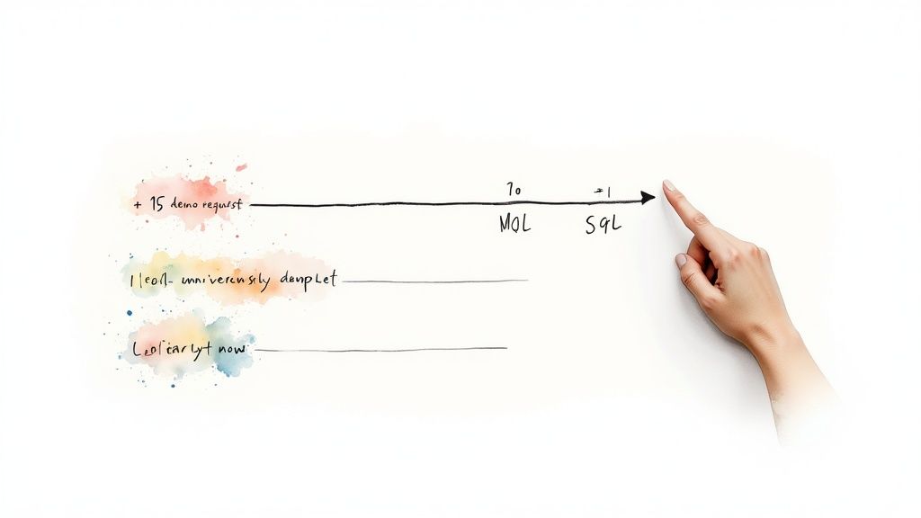 A hand points on a whiteboard showing a sales lead qualification timeline with MQL and SQL.