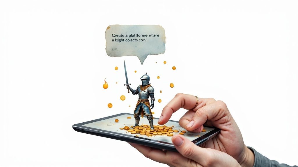 Person holding a tablet showing a knight collecting gold coins on a game development concept.