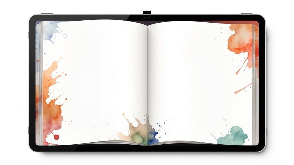 A person using a drag-and-drop interface on a tablet to design a children's book layout.