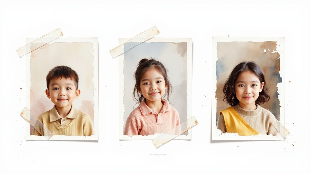 A child's photo is shown next to a storybook character that looks just like them, demonstrating the photo-to-character feature.