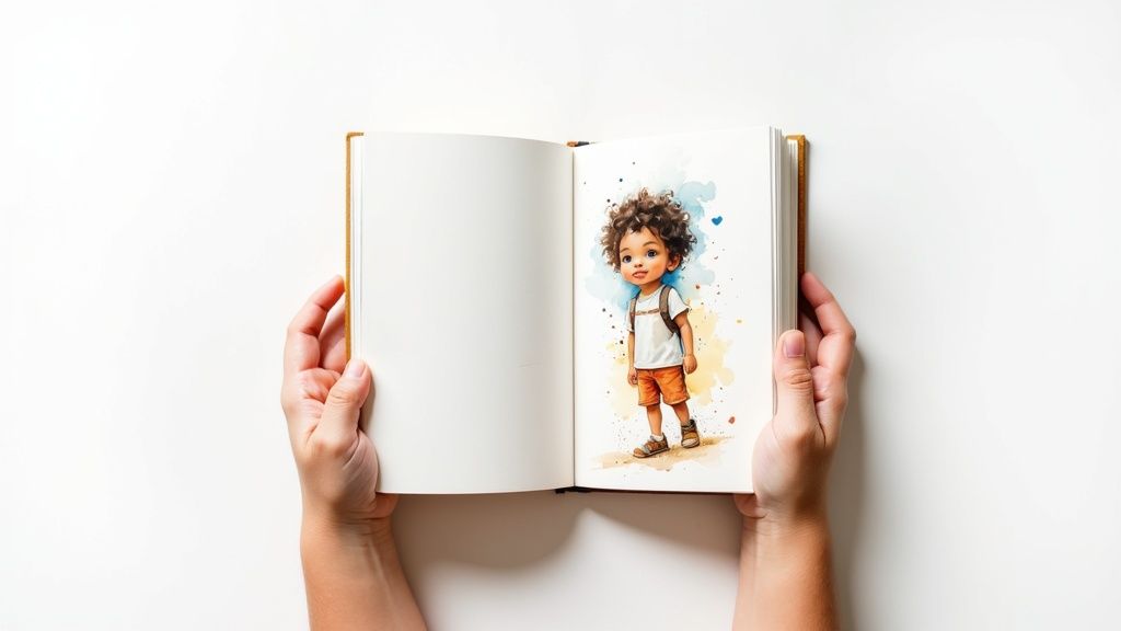 A child holding and reading a personalized hardback storybook