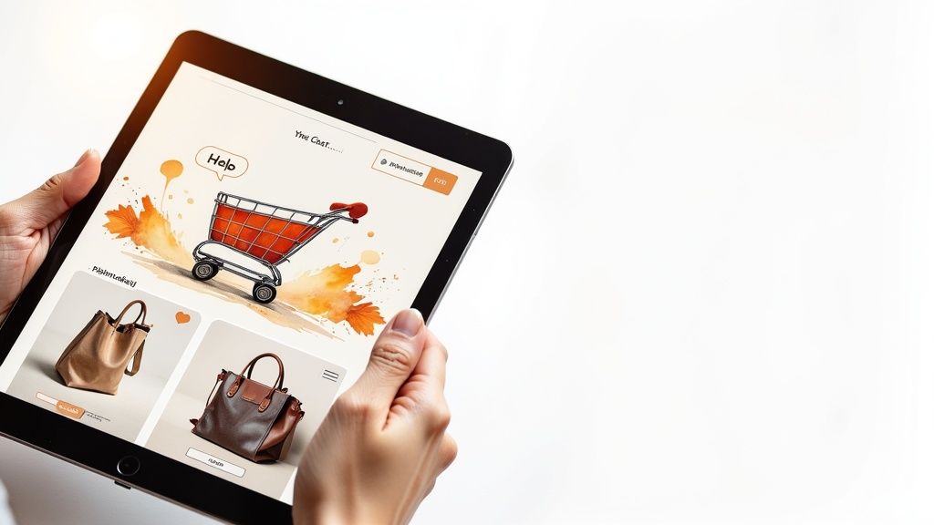 A person holds a tablet displaying an e-commerce website with a 'Help' chat widget and handbags.