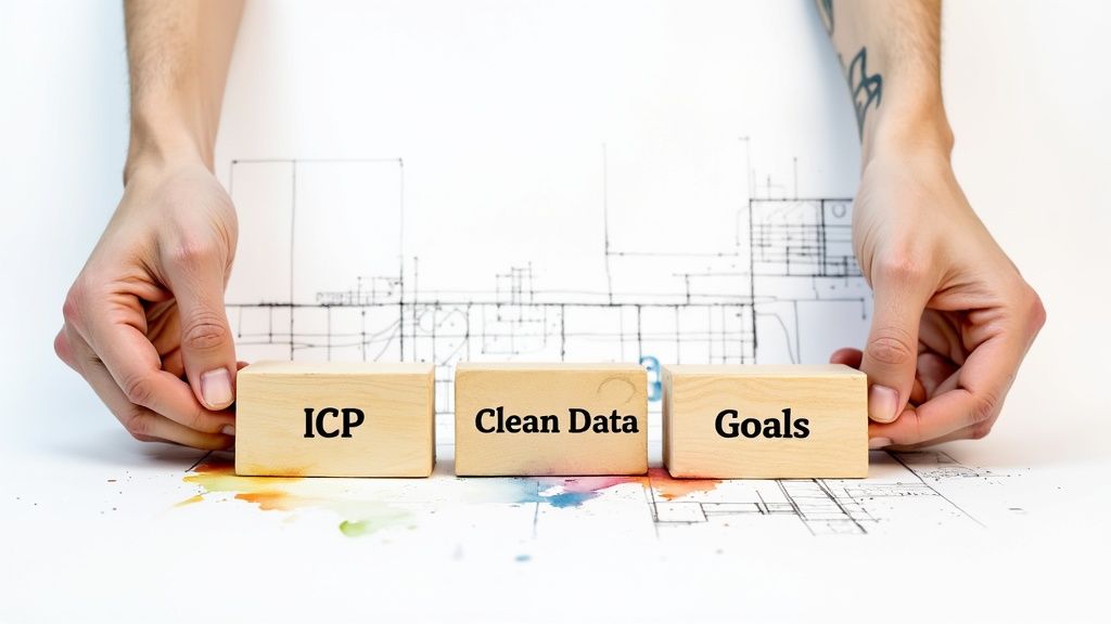 A strategic blueprint for an AI lead generation system laid out on a digital whiteboard, showing connections between data, customer profiles, and goals.