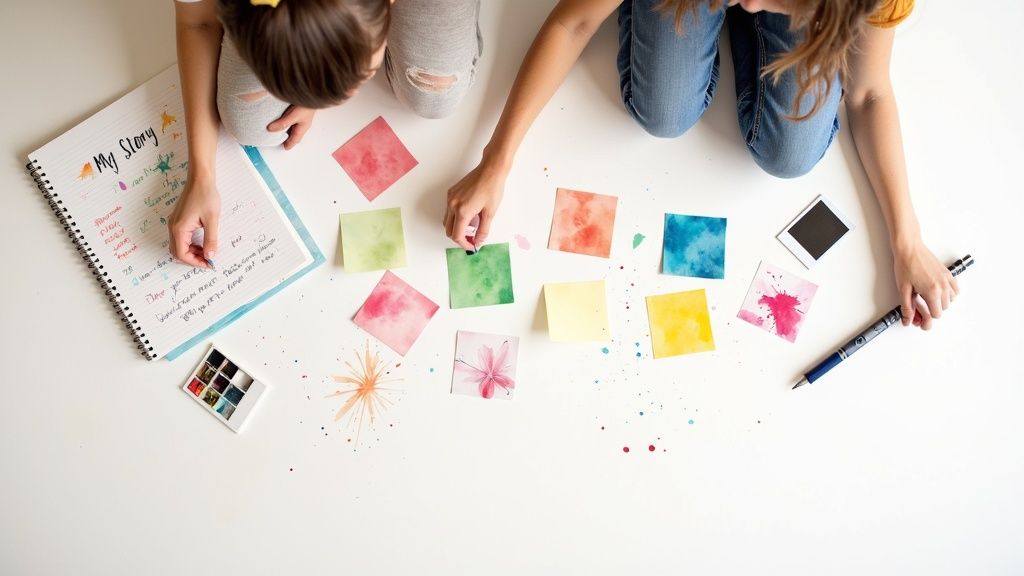 A parent and child looking through a photo album together, smiling and pointing at pictures.