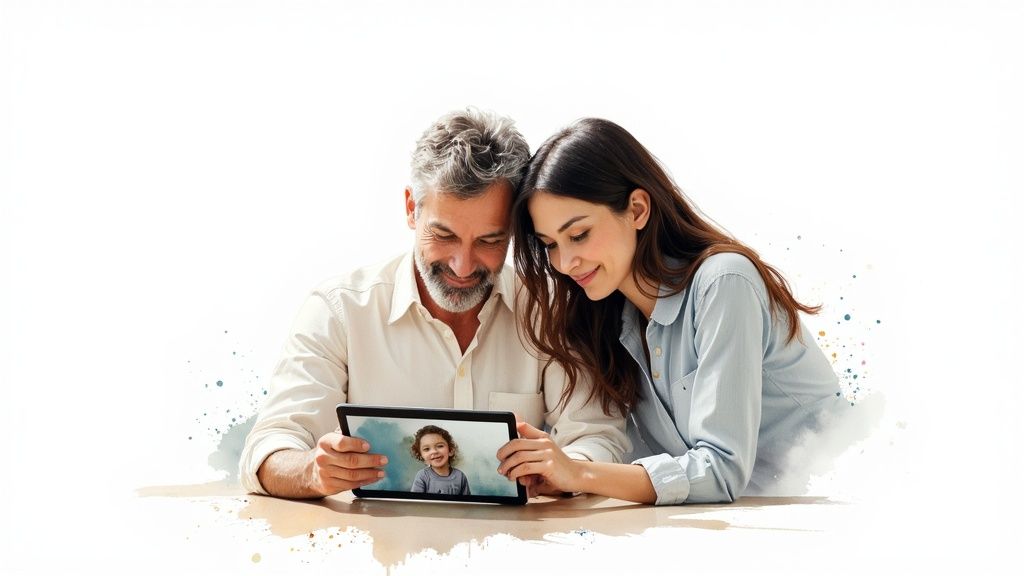 A child happily reading a personalized social story book with colorful illustrations.