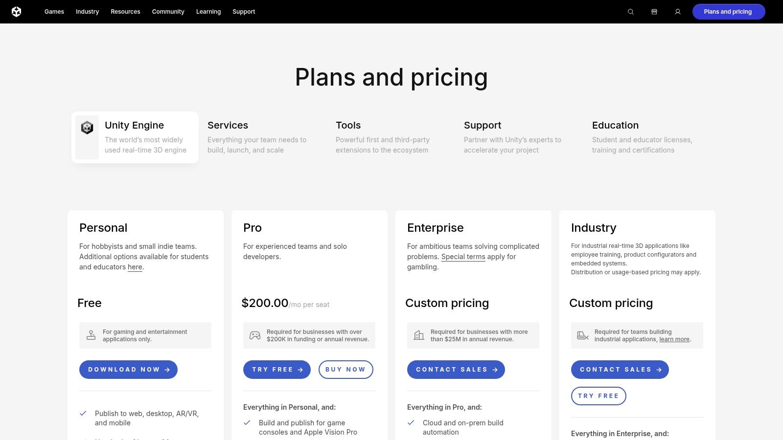 Unity Pricing Plans
