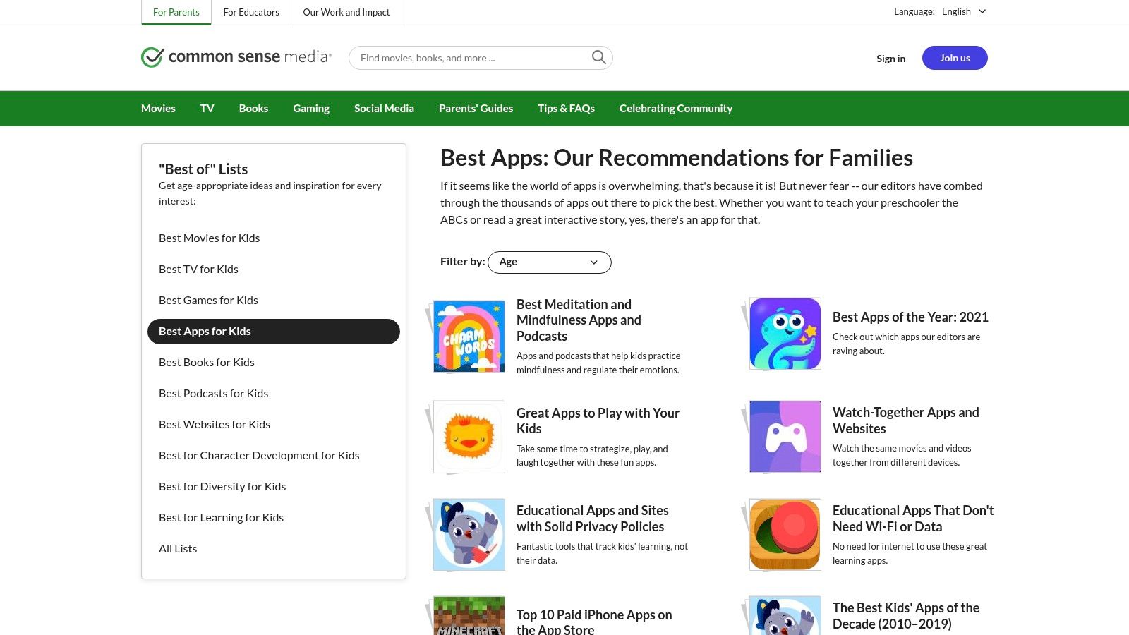 Common Sense Media – App Reviews and Lists
