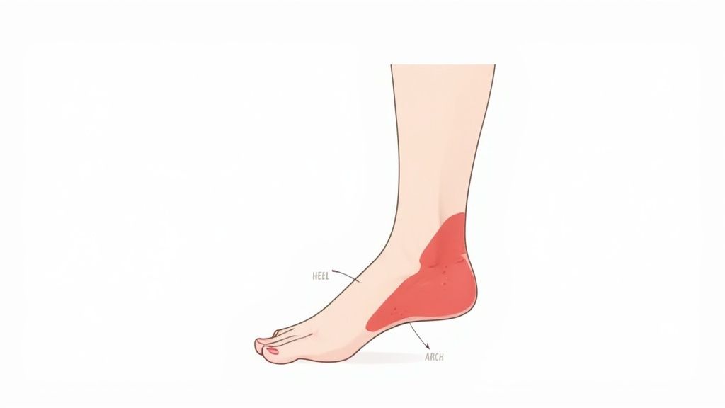 A person holding their heel in pain, illustrating the location of plantar fasciitis discomfort