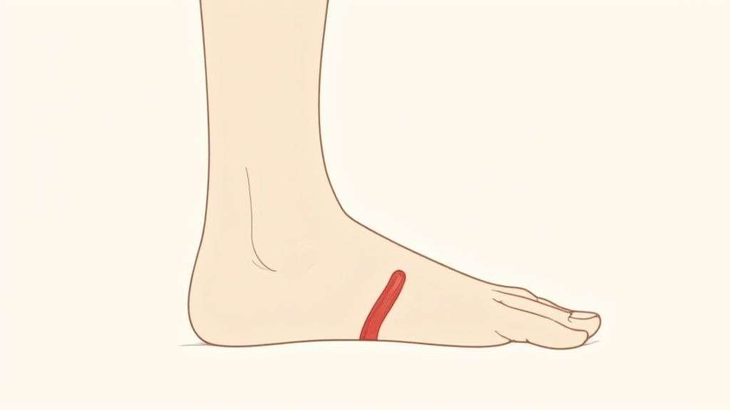 A person's foot showing the location of the plantar fascia ligament.