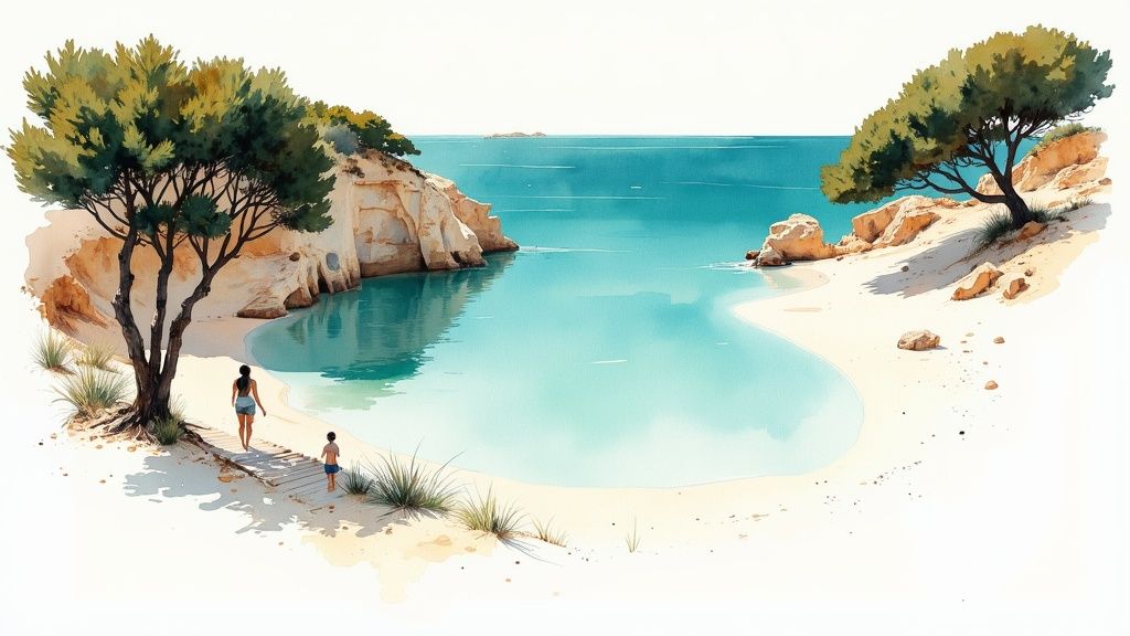 Una vista aérea de una cala secreta en Menorca, mostrando la arena blanca y el agua cristalina.
