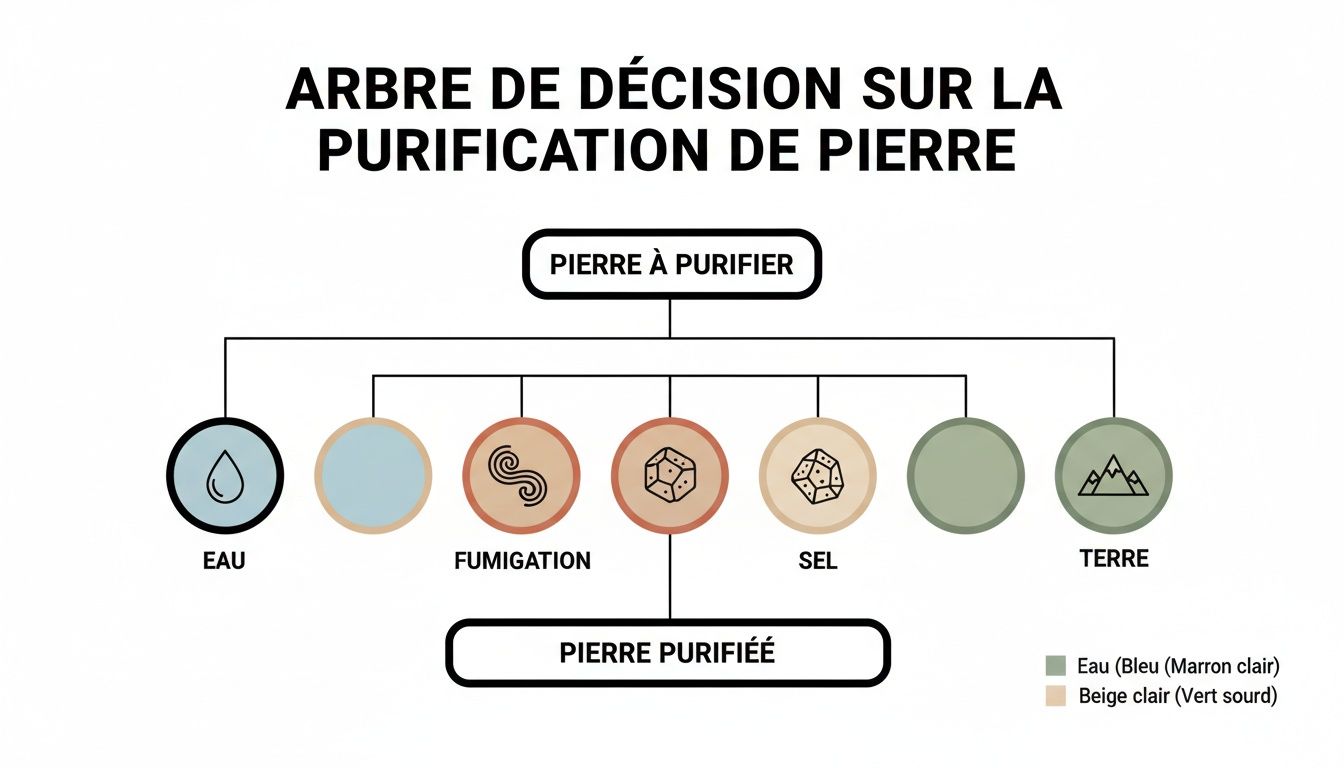 Arbre de décision présentant différentes méthodes pour purifier une pierre, incluant l'eau, la fumigation, le sel et la terre.