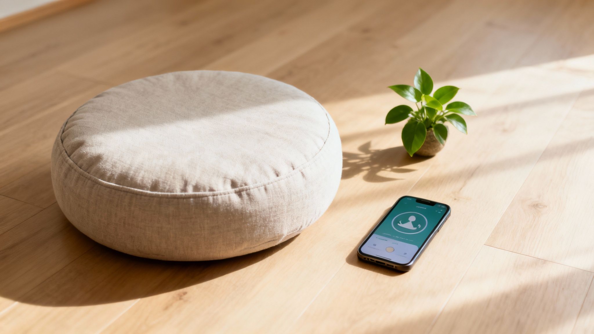 Personne sélectionnant un coussin de méditation dans un environnement calme et lumineux, symbolisant le choix des bons outils de pleine conscience