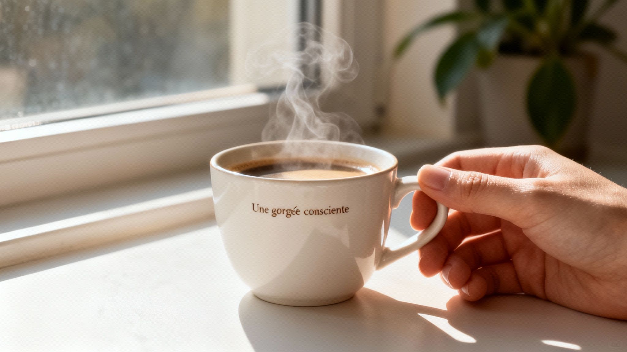 Une main tient une tasse de café fumante près d'une fenêtre, avec le texte 'Une gorgée consciente'.