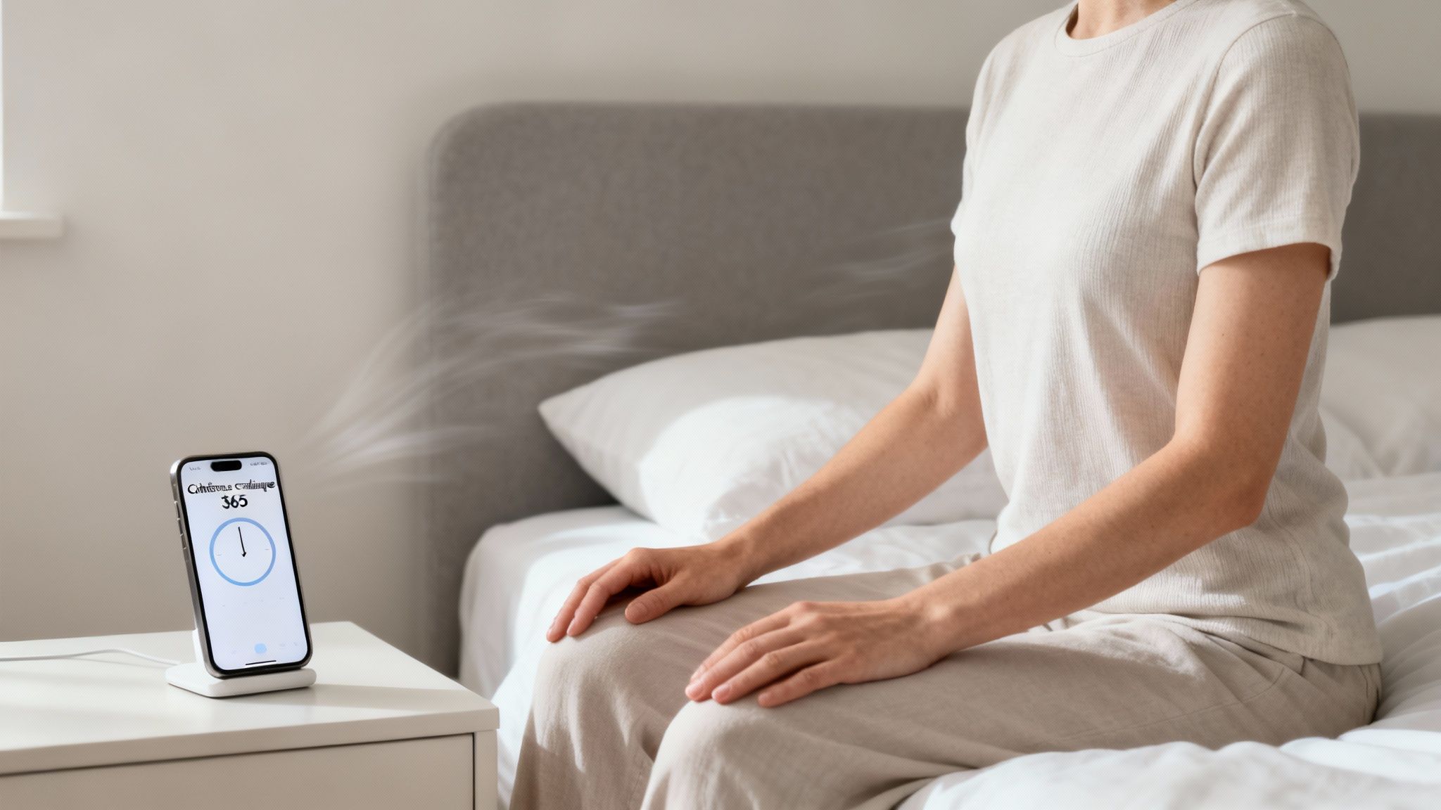 Femme assise sur un lit, utilisant une application de respiration sur son smartphone pour se détendre.