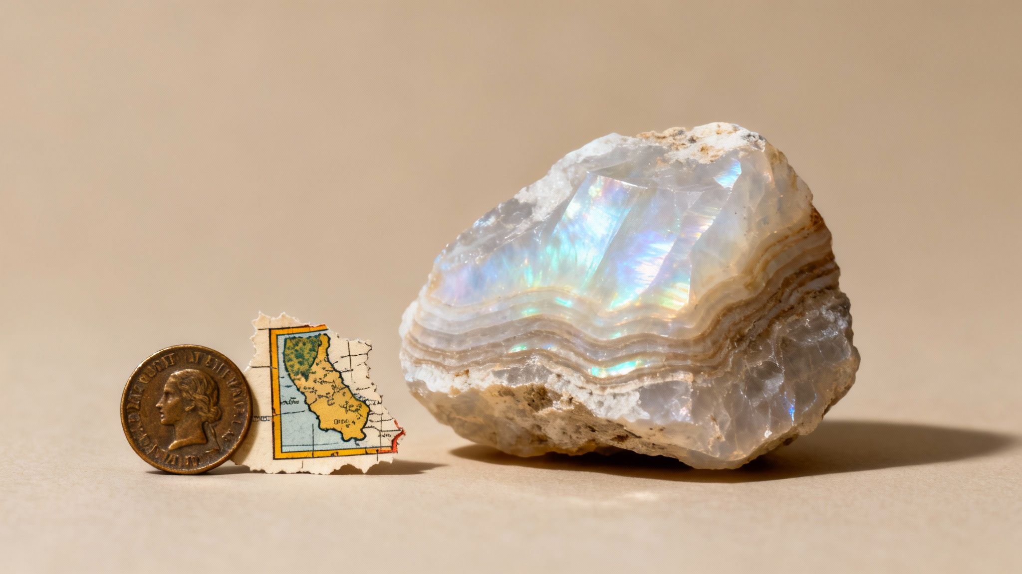 Une pièce de monnaie ancienne, un morceau de carte de la Californie et une pierre minérale irisée, probablement une pierre de lune, sur un fond neutre.