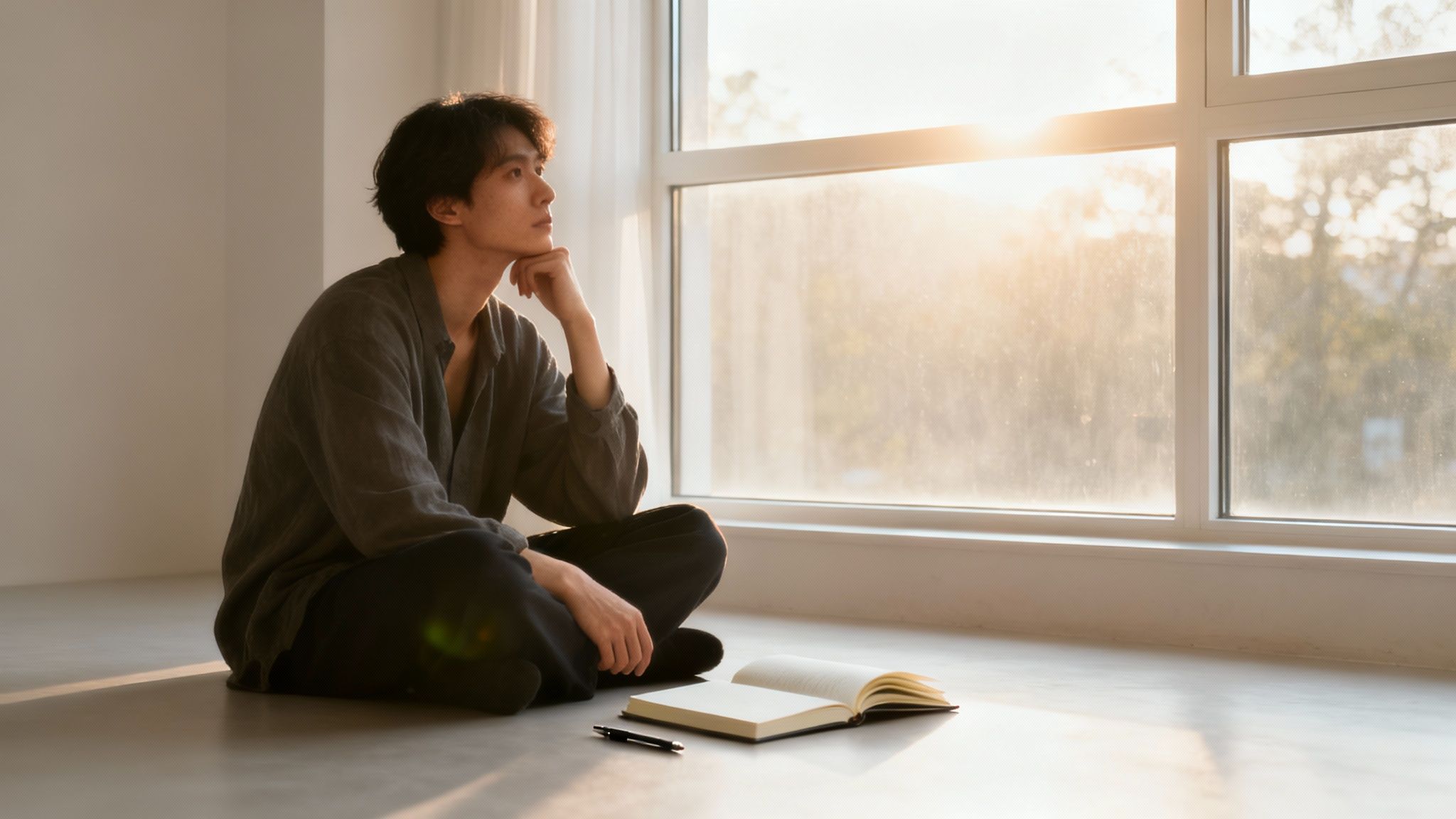 Un homme pensif est assis sur le sol, regardant le soleil à travers une grande fenêtre, avec un livre et un stylo.