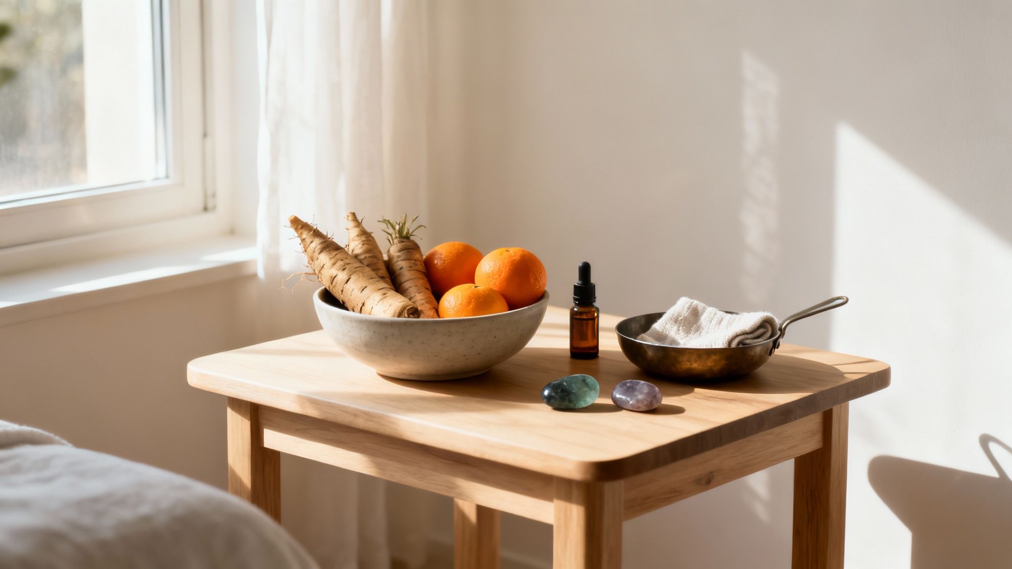 Personne préparant une infusion avec des herbes et des cristaux