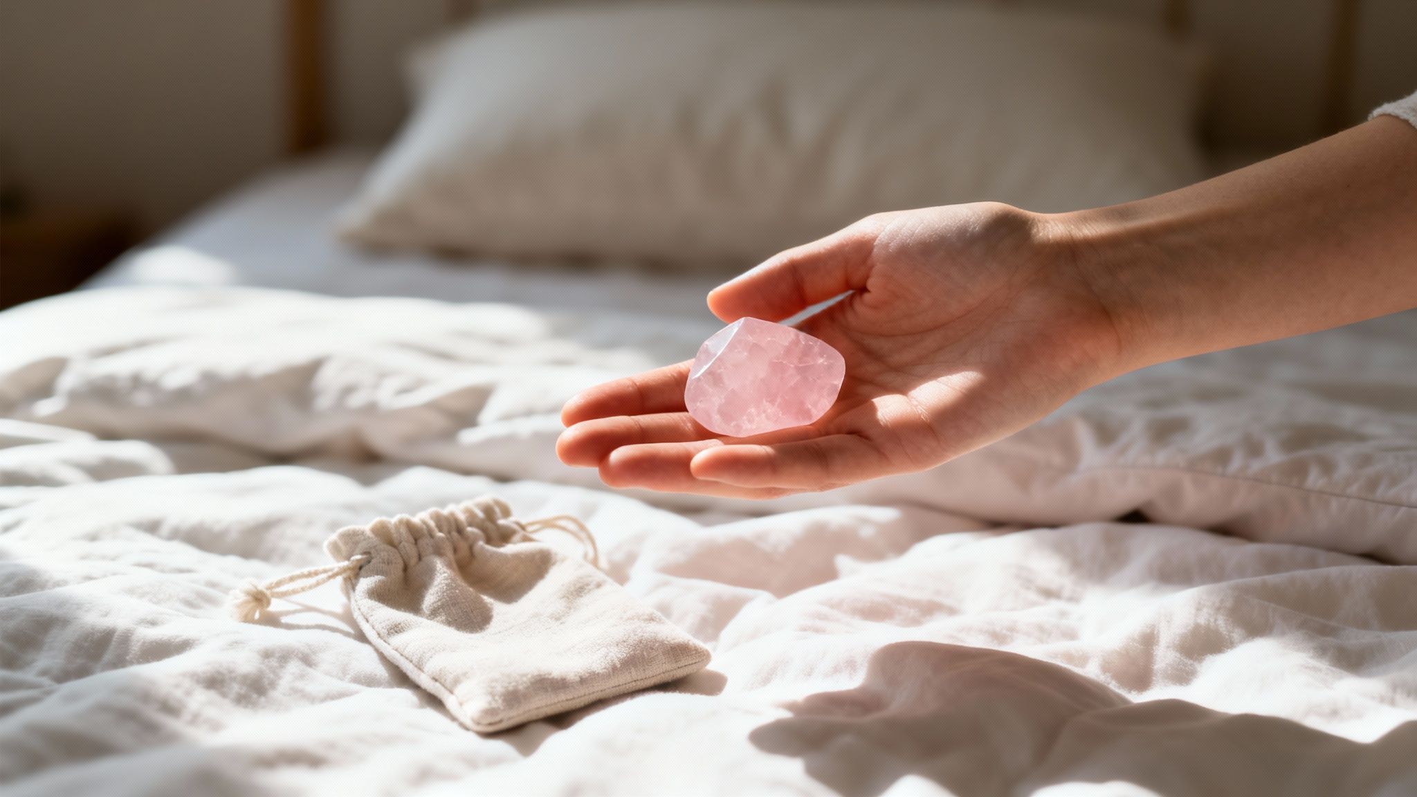 Main tenant un cristal de quartz rose sur un lit blanc avec une pochette en tissu sous la lumière du soleil.